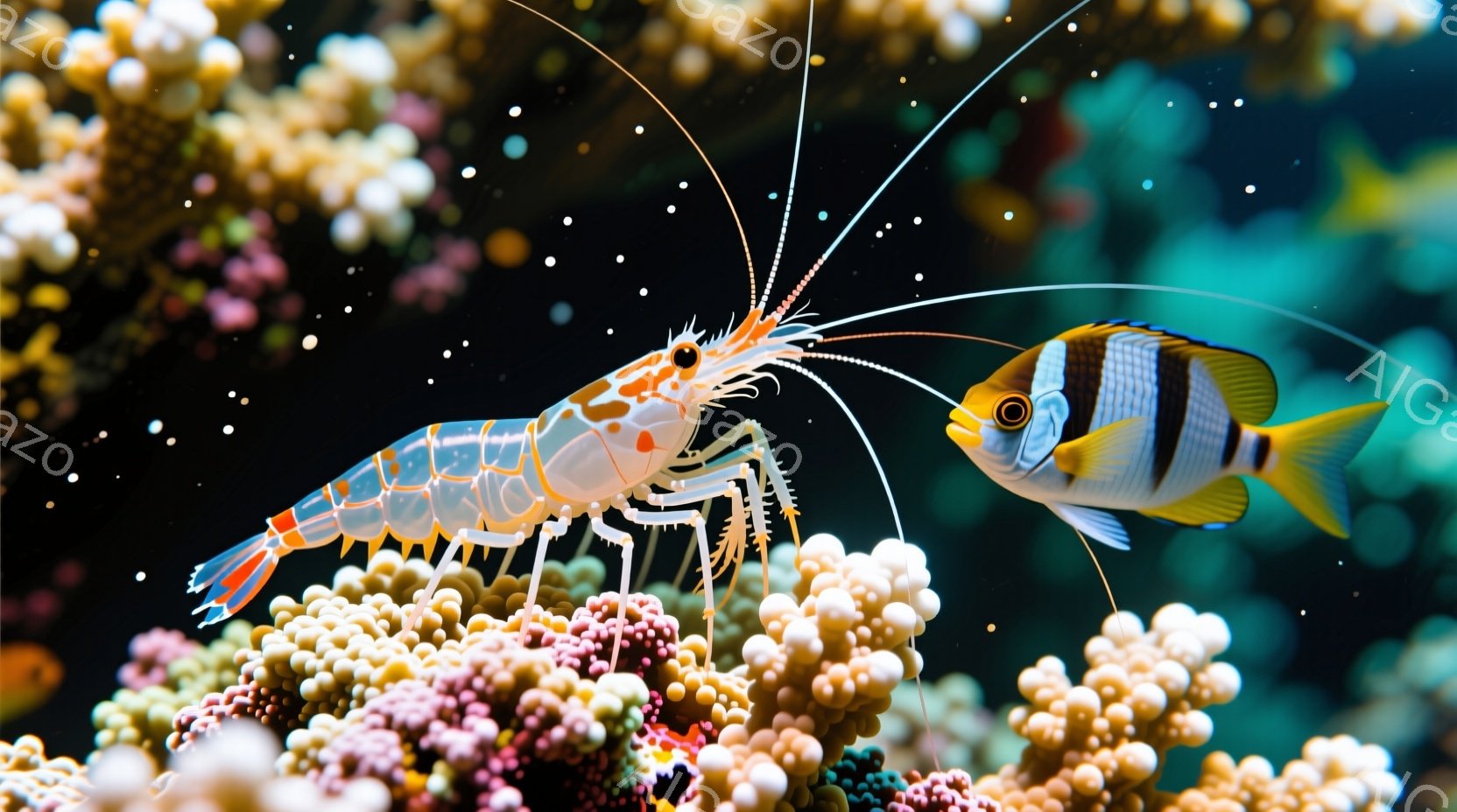鮮やかなピンクと白のサンゴ礁の中に、エビと縞模様の魚が描かれている。エビはサンゴに掴まり、長い触覚を伸ばして魚の方を向いている。背景は暗く、サンゴの鮮やかな色が際立ち、まるで深海にいるかのような雰囲気 - AI生成フリー素材