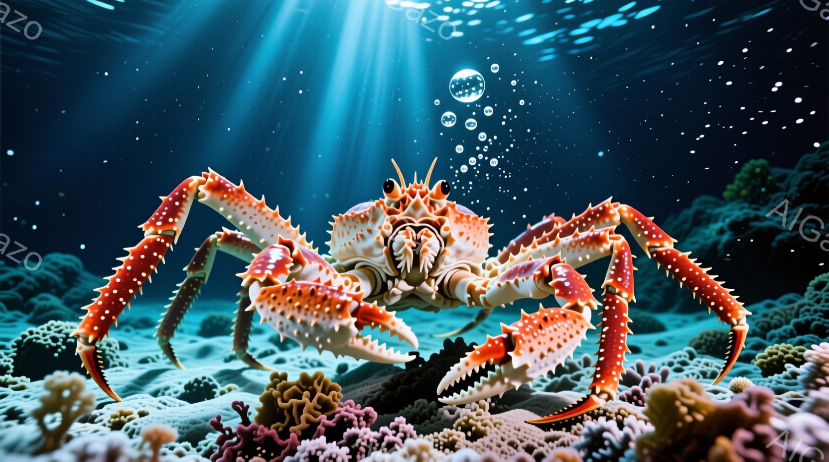 鮮やかなオレンジ色と白色の縞模様を持つ巨大なタラバガニが、海底の岩場に堂々と立っている。周囲にはピンクや白のサンゴが密集し、水中に太陽光線が差し込んでいる。深海の神秘的な雰囲気を醸し出す、力強く美しい - AI生成フリー素材