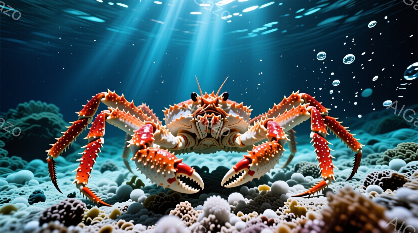 深海を背景に、鮮やかな赤い甲羅を持つ大きなタラバガニが正面を向いて描かれています。力強いハサミを広げ、鋭い牙を見せつけている姿は、威圧感と生命力を感じさせます。海底にはサンゴや岩が配置され、光線が差し - AI生成フリー素材