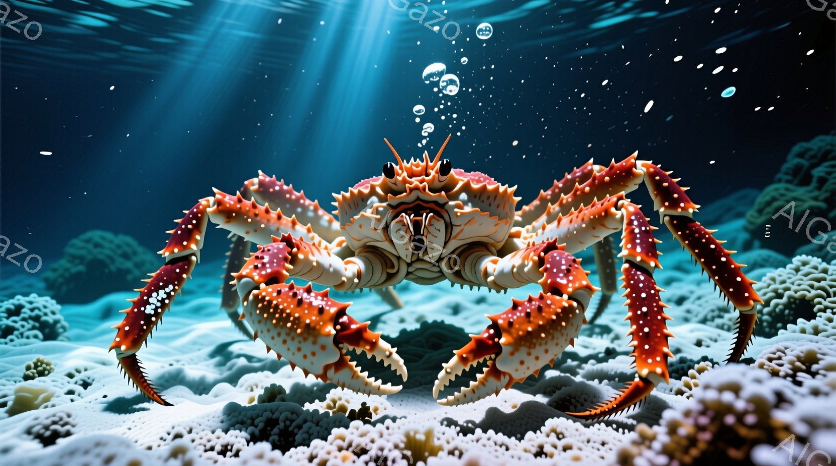 水中で美しい赤と白のカニが、手を自然に広げたまま、その手の間から青色の海藻が生えているように見える景色を表現。 - AI生成フリー素材