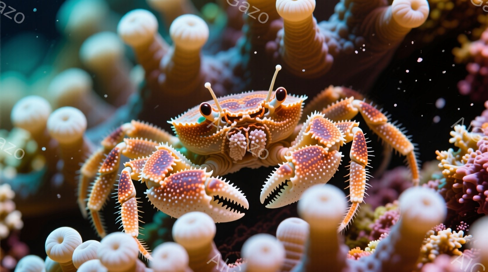 鮮やかなオレンジと白のまだら模様を持つカニが、ピンクや紫色のサンゴ礁の中にいます。カニは正面を向き、大きなハサミを広げており、目は大きく、好奇心旺盛な表情をしています。背景は、さまざまな形や色のサンゴ - AI生成フリー素材