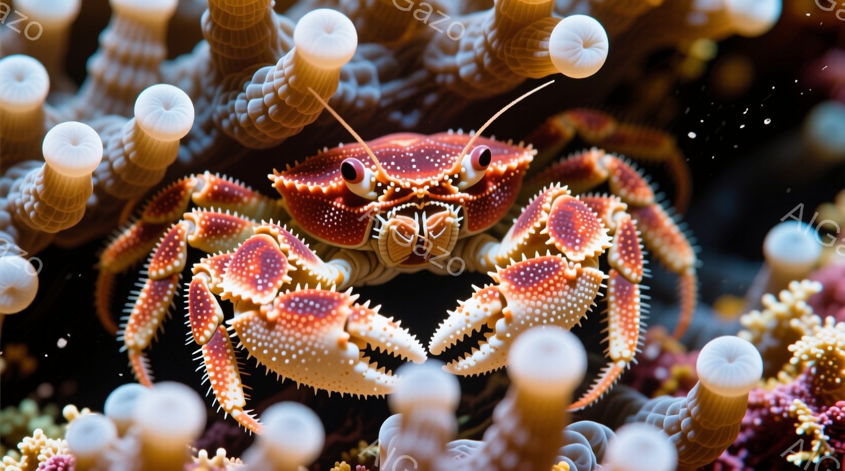 鮮やかなオレンジと白の模様を持つカニが、暗い背景の中で捉えられています。カニは正面を向き、大きなハサミを広げており、その表情は鋭く、どこか威厳があります。背景には、白い触手のようなものが多数生えたサン - AI生成フリー素材