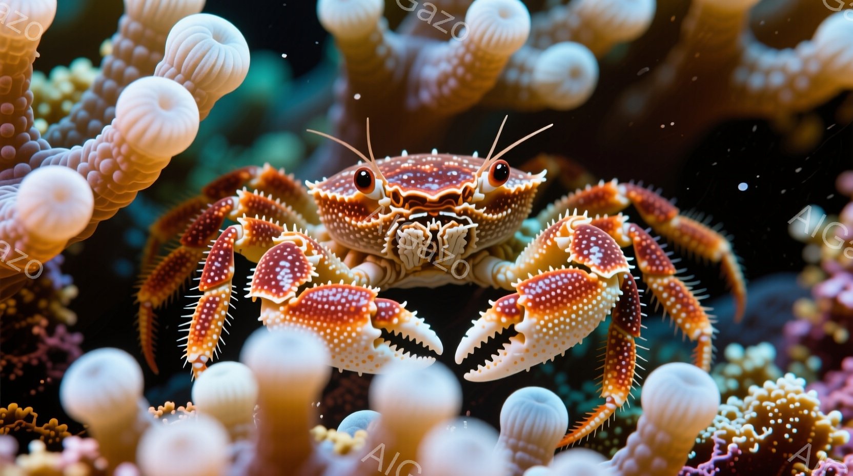 鮮やかなオレンジと白の斑点模様を持つカニが、まるで獲物を狙うかのように正面を見据えています。その姿は、白い球状の生物に囲まれ、深海の神秘的な雰囲気を醸し出しています。カニの鋭い爪と、どこか不気味な表情が、この海の奥深さを感じさせます。