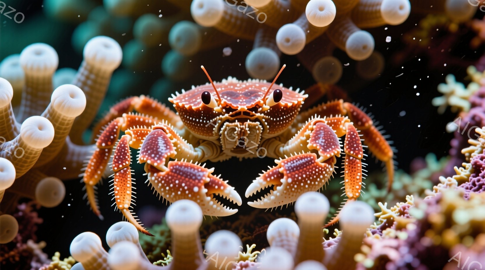 明るいオレンジ色と白のまだら模様の小さなカニが、ピンク色の管状の生物に囲まれて正面を向いています。カニはハサミを前に突き出し、注意深くこちらを見つめているような表情をしています。背景は暗く、ぼんやりとした緑とピンクの斑点があり、まるで深海のような雰囲気です。