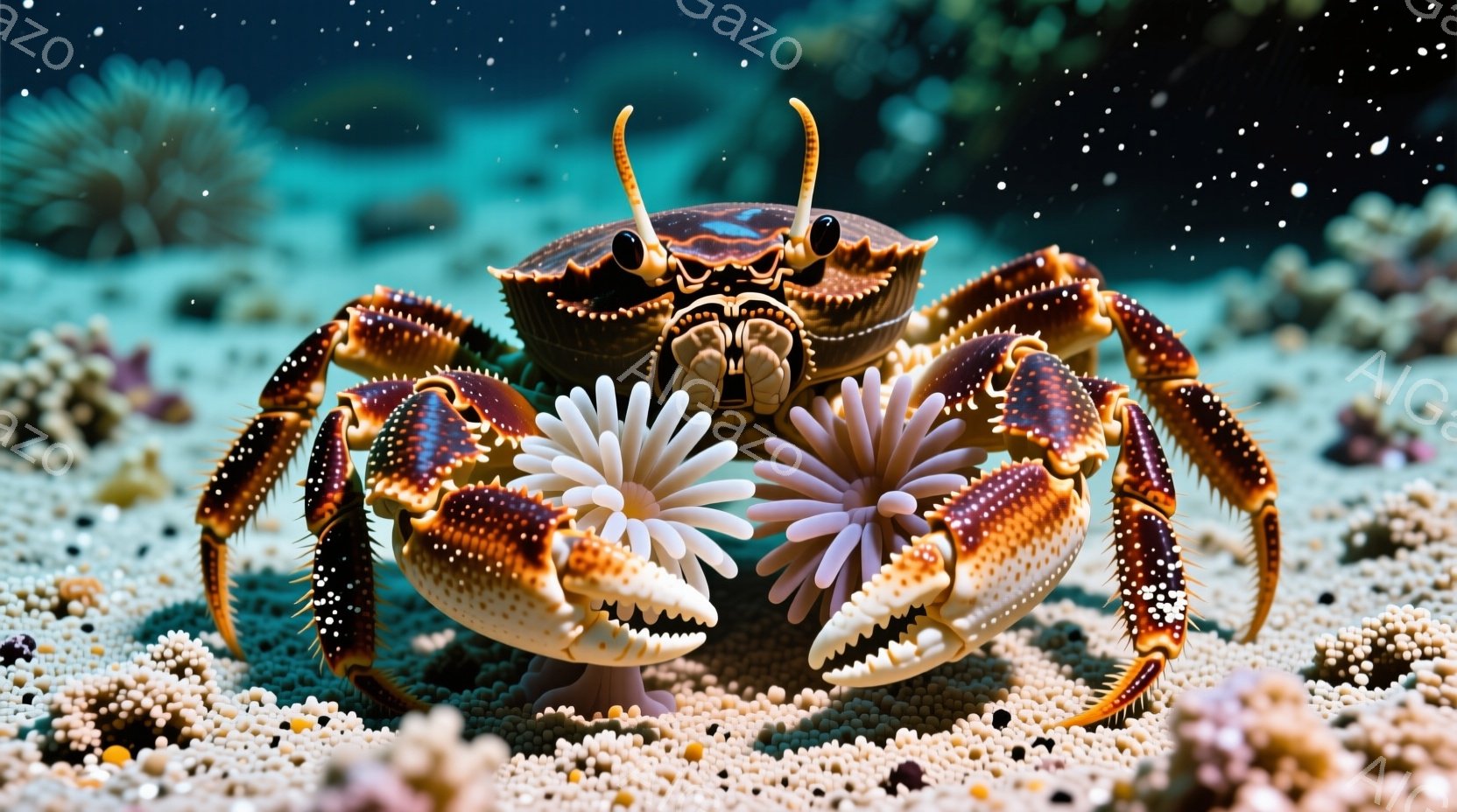 色鮮やかな甲殻類が砂の上に堂々と立っている。左右のハサミには白い海葵が寄り添い、まるで装飾のように見える。背景は細かい砂とぼやけた珊瑚で覆われ、深海を連想させる静かで幻想的な雰囲気を醸し出している。