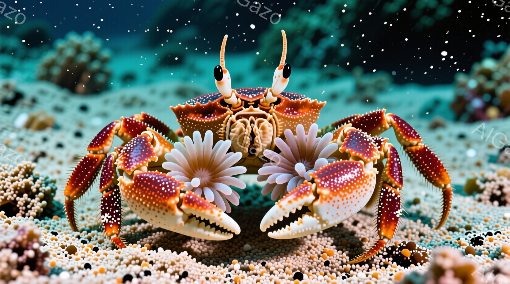 明るいオレンジ色と白のまだら模様を持つカニが、砂地の海底に堂々と立っている。そのハサミには白いアネモネのような生物がついており、まるで装飾品のようだ。背景には小さなサンゴ礁が点在し、穏やかな海中世界の - AI生成フリー素材