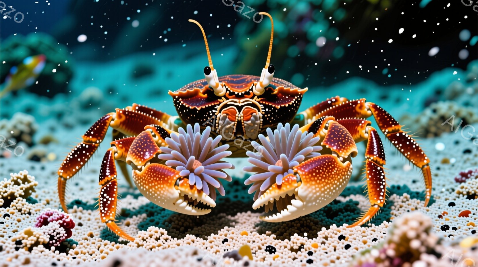 鮮やかなオレンジと白の縞模様を持つカニが、紫色の小さな海葵を左右のハサミに持っている。カニは正面を向き、少し上を向いており、鋭い目と大きなハサミが特徴的だ。背景は細かい砂状の海底で、様々な色の小さな粒や生物が散りばめられ、まるで幻想的な水中世界を表現している。