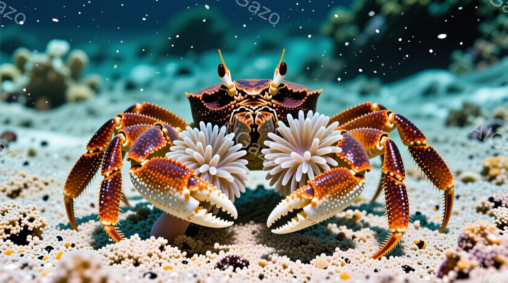 鮮やかなオレンジと黒の縞模様を持つカニが、白い海綿のような生物を両腕に抱えて中央に位置しています。背景には、小さな貝殻やサンゴが散りばめられた砂地が広がり、水中の光が差し込んでいます。全体的に、鮮やか - AI生成フリー素材