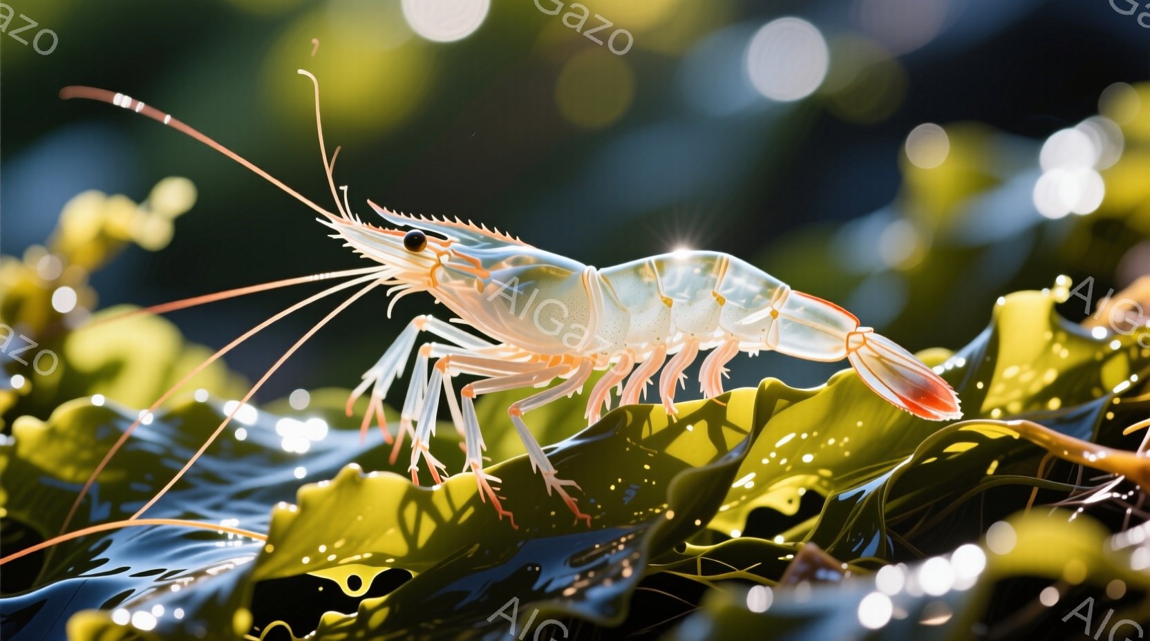明るい光の中で、ピンクがかった淡い色のエビが緑色の水生植物の上に立っている。エビは触覚を伸ばし、鋭い眼差しで何かを見つめているようだ。背景にはぼやけた光の粒子があり、水面がきらきらと輝き、生き生きとした自然の雰囲気を醸し出している。