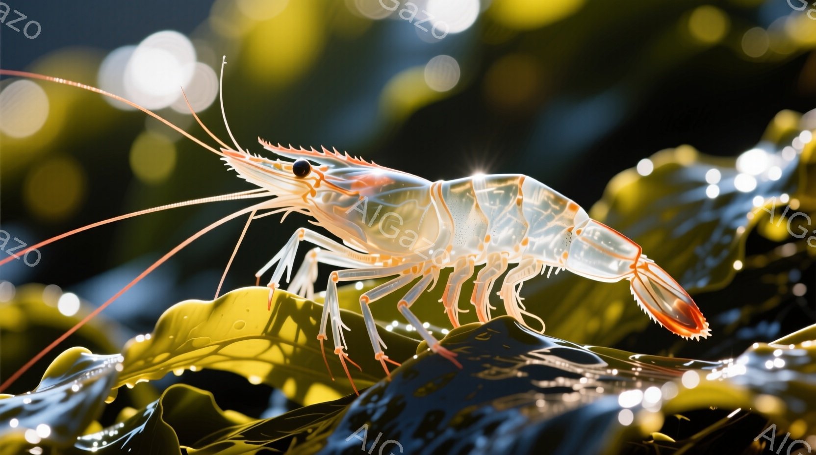 半透明のピンクがかったエビが、光沢のあるダークグリーンの葉の上を歩いている様子が捉えられています。エビの体は光を透過し、繊細な構造がうかがえます。背景にはぼやけた光の玉が点在し、水中の神秘的な雰囲気を醸し出しています。