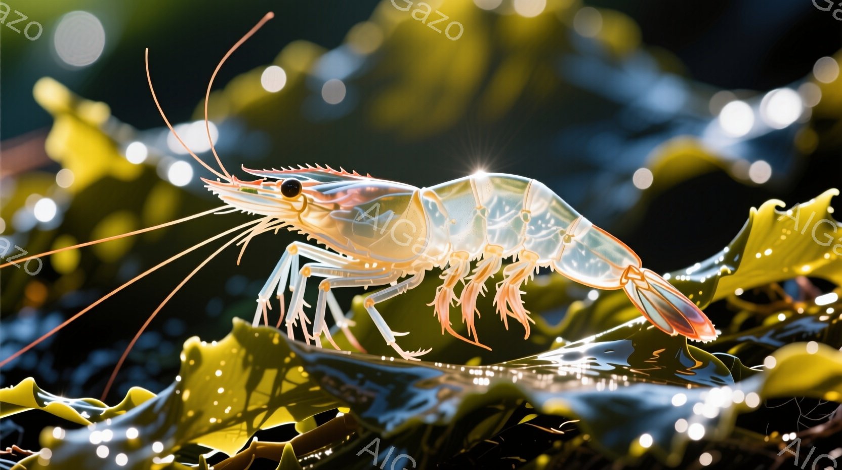 鮮やかな黄色と青色の背景に浮かぶ、透明感のあるエビを描写しています。エビは、繊細な足と触覚を持ち、鮮やかなピンク色の尾びれが特徴的です。背景はぼやけており、光の粒子が散りばめられており、幻想的な雰囲気を醸し出しています。