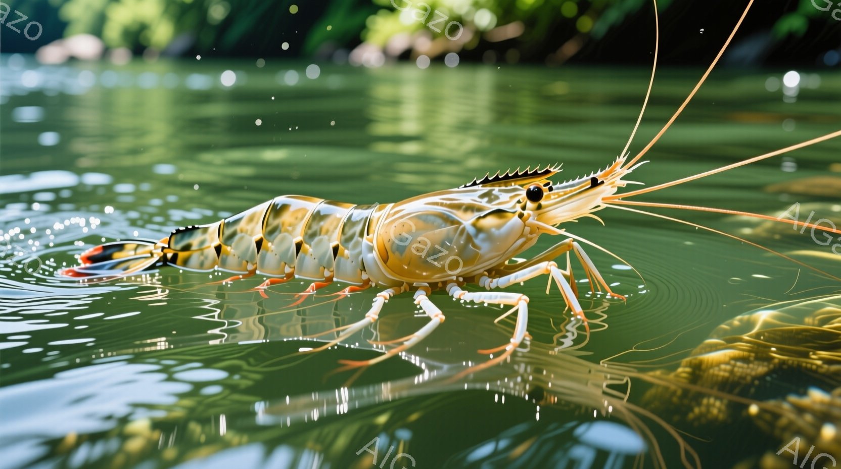 大きなエビが水面を歩いているように見える鮮明な写真です。エビの体は白と茶色の縞模様で覆われ、長い触覚と脚が水面に反射してキラキラと輝いています。背景は緑豊かな水生植物で覆われており、穏やかで自然な雰囲気を醸し出しています。