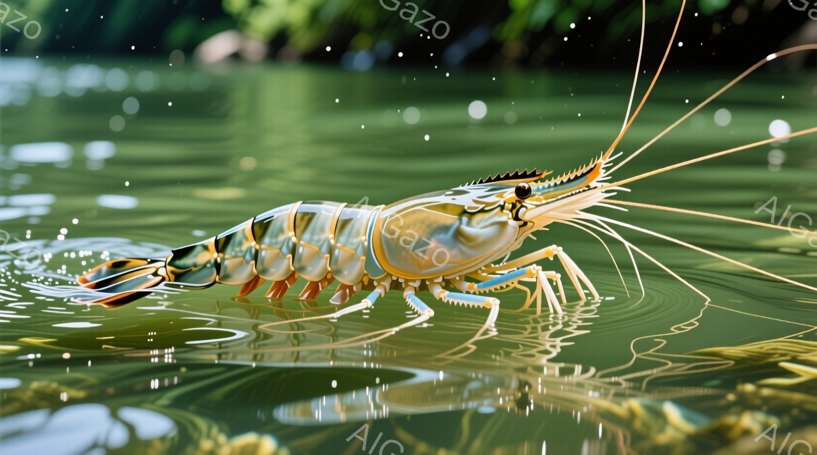 鮮やかなオレンジと白の縞模様を持つ大きなエビが、水面を歩いているかのように写っている。エビは細長い脚を伸ばし、触覚を長く伸ばして周囲を探索しているように見える。背景は緑色の水面で、水面の反射が光り、静 - AI生成フリー素材