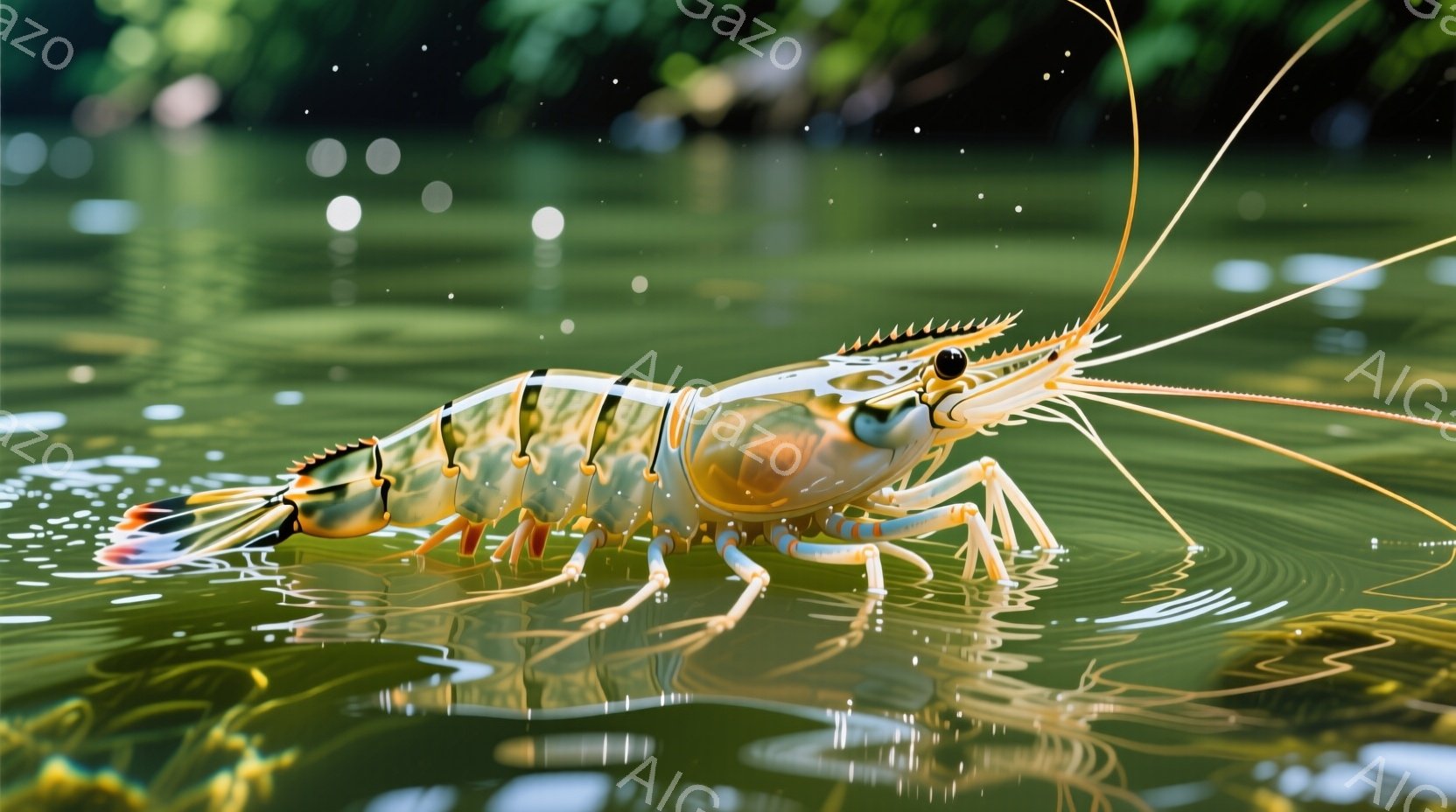 水面を背景にした大きなエビが写っています。エビはクリーム色と茶色の縞模様があり、鮮やかな赤と黒の尾を持っています。水面にはエビの反射が映り込み、水面の緑とエビの明るい色がコントラストをなしています。