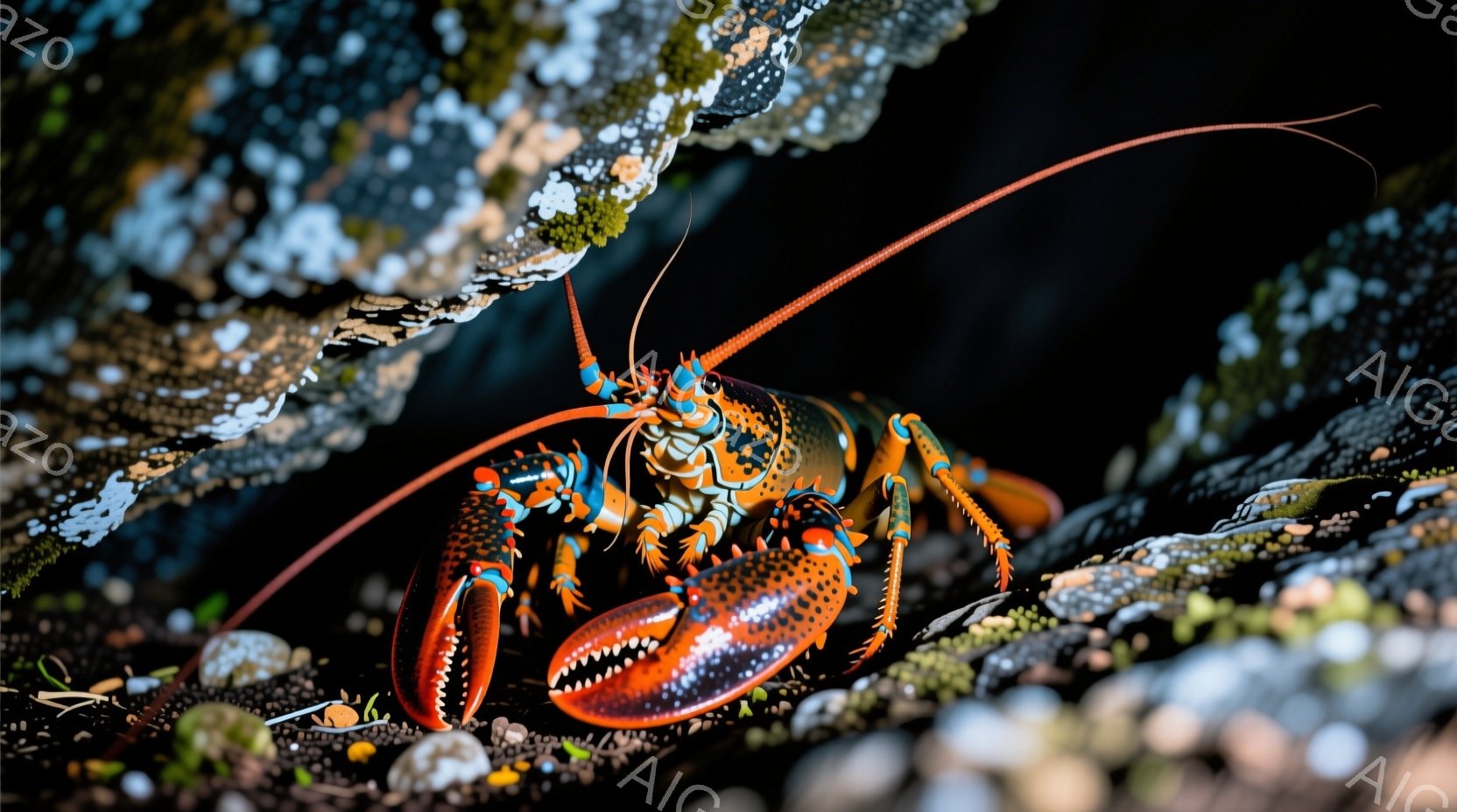 赤いボディにオレンジ色の爪を持つロブスターが、暗い岩場の隙間に佇んでいます。その目は鋭く、まるで獲物を狙っているかのようです。背景には苔むした岩がそびえ立ち、湿った自然の雰囲気を醸し出しています。
