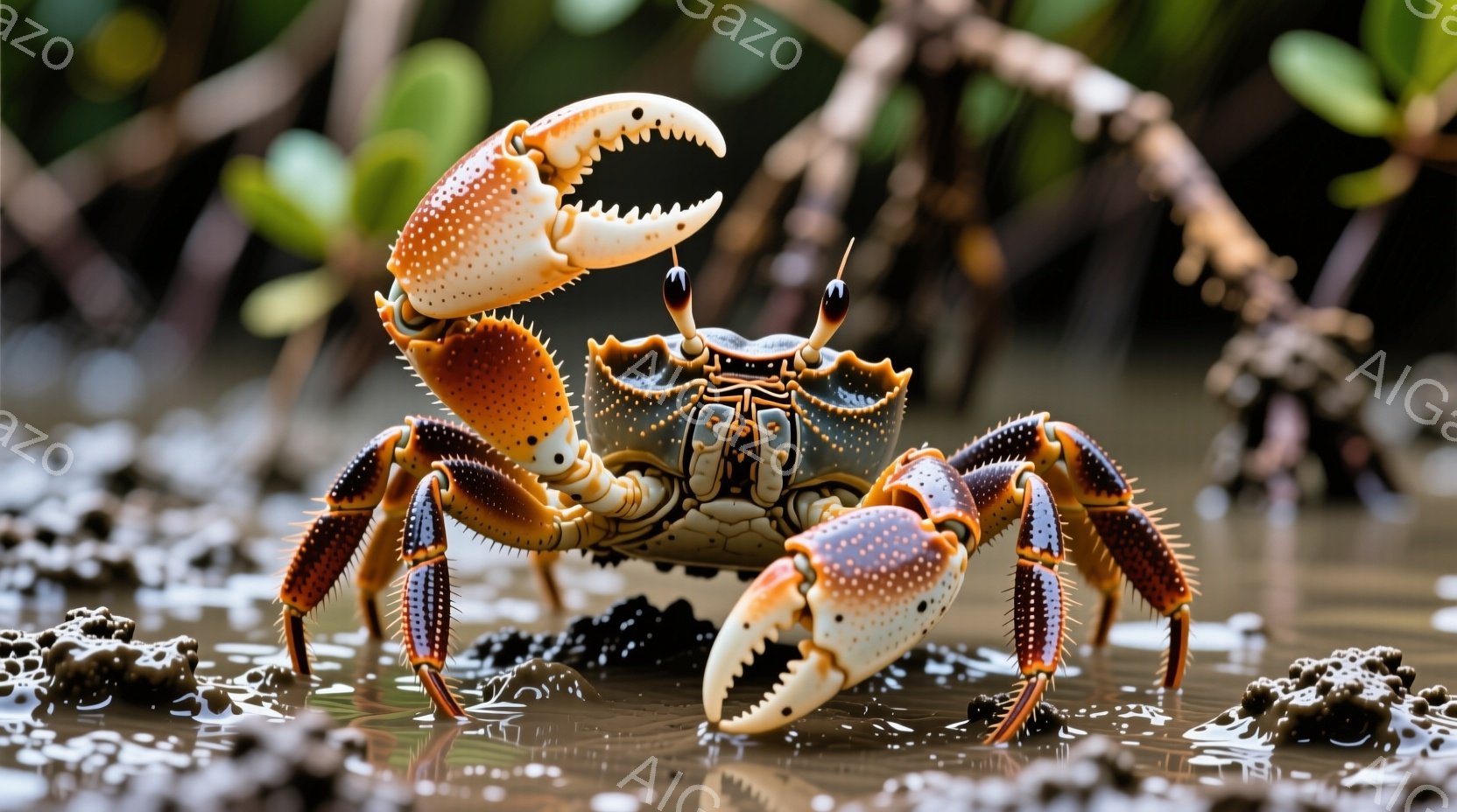 泥の中に立つ鮮やかな赤いカニが写っている。大きな爪を高く掲げ、力強く前を向いている。背景には緑豊かな植物がぼやけており、湿地帯の自然な雰囲気を醸し出している。