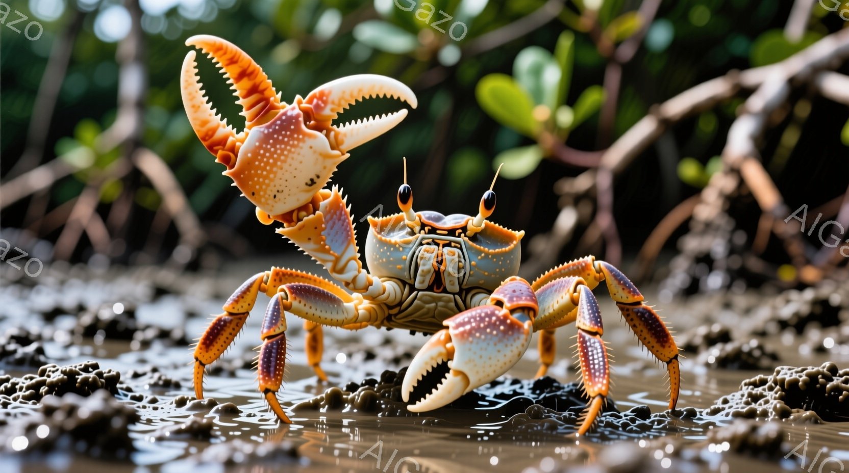 鮮やかなオレンジと青色の甲殻を持つカニが、泥の地面に立っている姿が捉えられています。片方の大きなハサミを大きく掲げ、警戒するかのような姿勢をとっています。背景には緑色の植物と水たまりが見られ、湿地帯の自然な雰囲気を伝えています。