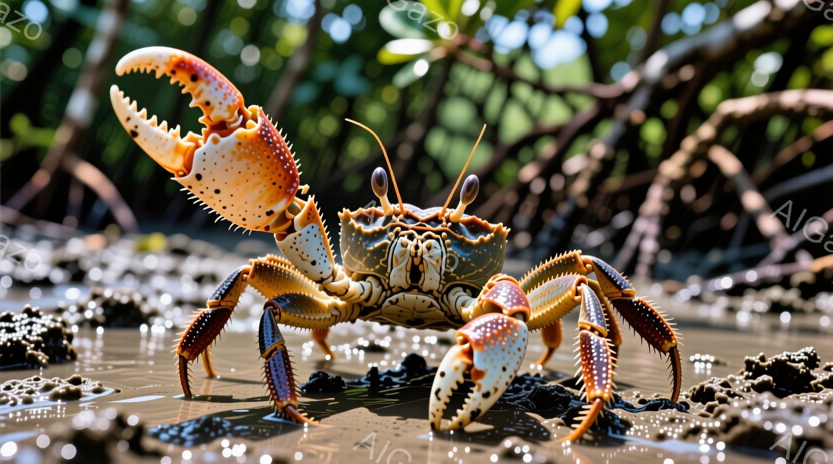 明るい日差しの下、鮮やかな赤い爪を持つ大きなカニが、濡れた泥の地面に堂々と立っている。カニは正面を見据え、鋭い目と大きな爪を強調している。背景には緑豊かな植物が広がり、湿地帯の自然が感じられる。