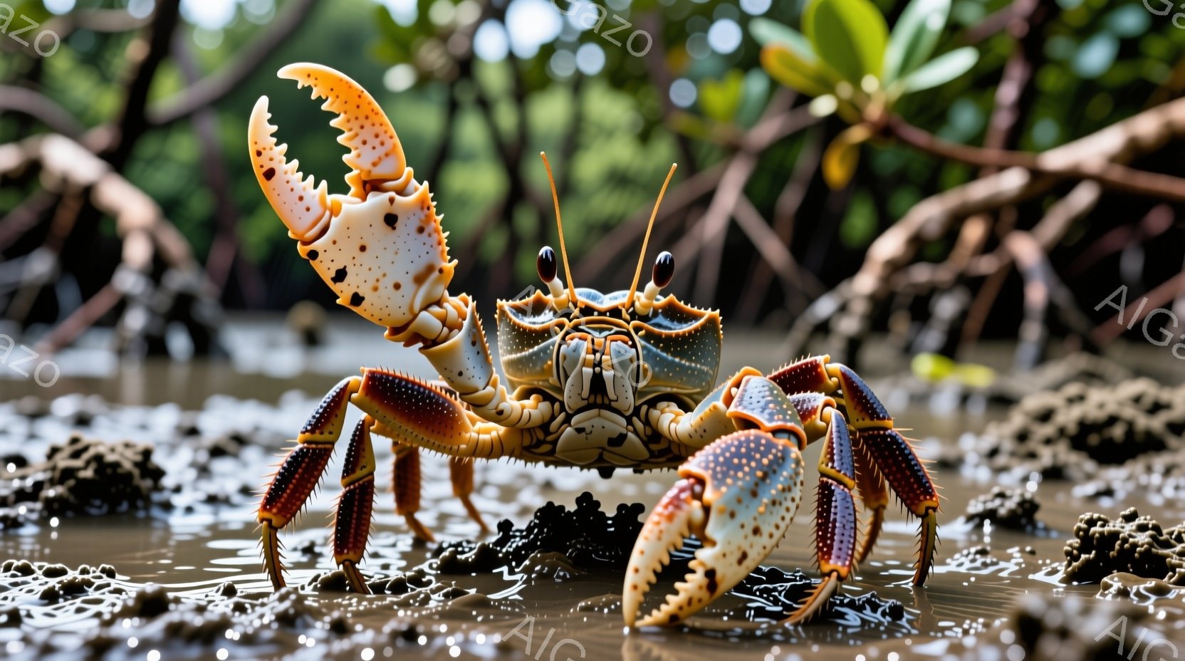 明るい茶色と青色の縞模様が特徴的な大きなカニが、泥の地面に堂々と立っている。片方の大きなハサミを高く上げ、まるで挑発するかのようにこちらを見つめている。背景には緑豊かな植物が見え、湿地帯のような自然環境であることがわかる。