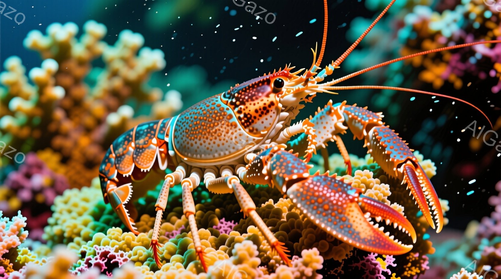 カラフルなイセエビが珊瑚礁の中にいます。鮮やかな赤、青、オレンジ色の模様が特徴的で、左右のハサミを大きく広げ、こちらを見ているようです。背景には、様々な色の珊瑚が密集し、水中に漂う光が幻想的な雰囲気を - AI生成フリー素材