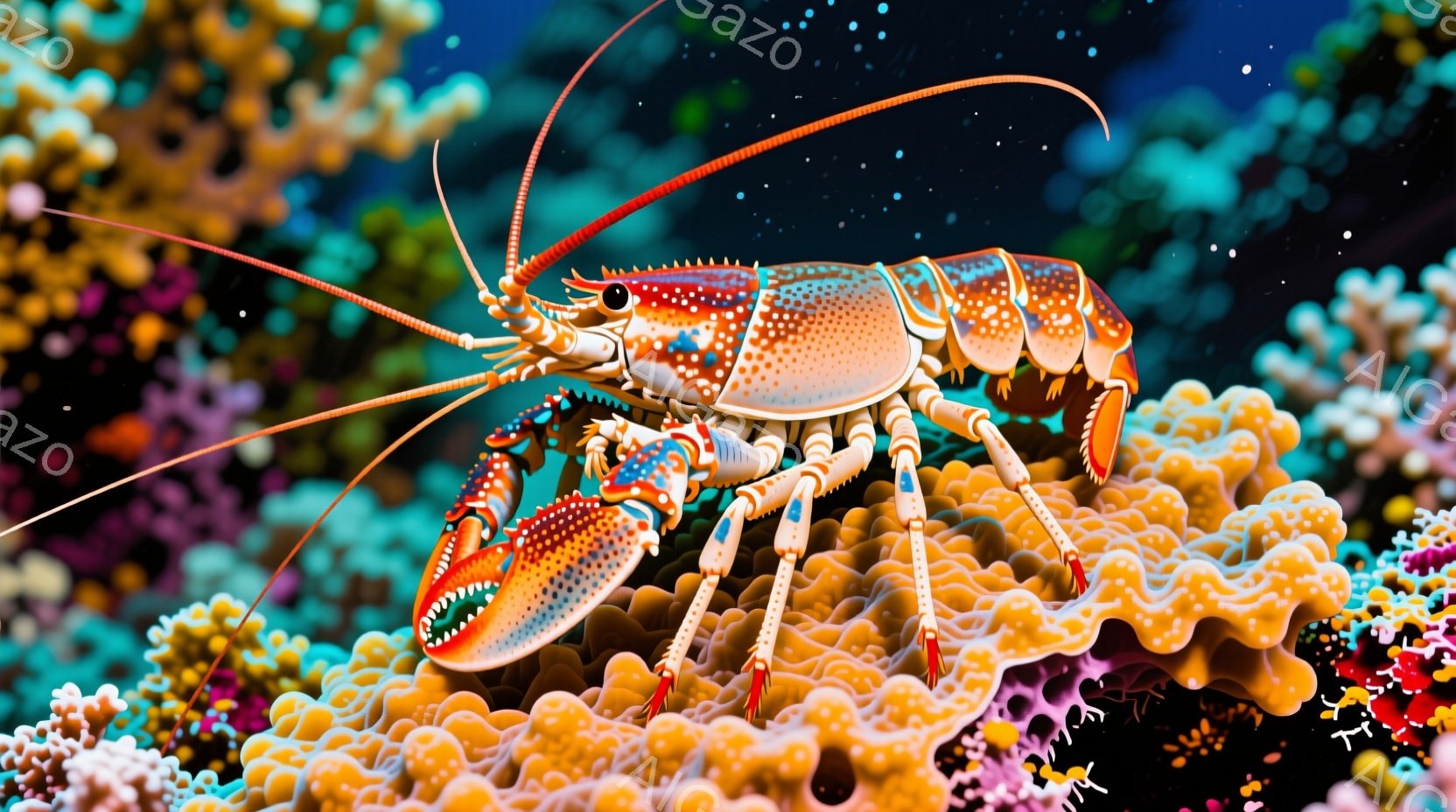 明るい珊瑚礁の上に、鮮やかな色彩のオマールエビが描かれている。エビは前脚を広げ、触覚を長く伸ばして、まるで何かを探しているかのような姿勢をとっている。背景は多様な珊瑚で満たされており、生き生きとした海 - AI生成フリー素材