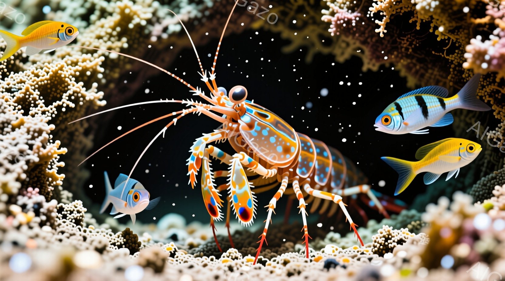 鮮やかなオレンジと水色の縞模様を持つ大きなエビが、水中を優雅に広げた手足で進んでいます。背景には白く繊細なサンゴ礁が広がり、黄色と縞模様の魚たちが周囲を泳いでいます。全体的に、水中の幻想的で生命力に満 - AI生成フリー素材