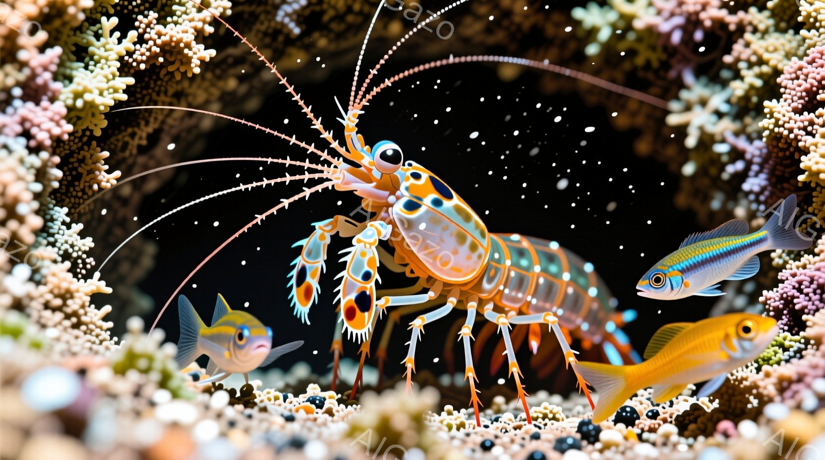 鮮やかなオレンジと青色の縞模様を持つ大きなエビが、白いサンゴ礁のフレームの中に浮かび上がっています。エビは前脚を前に伸ばし、触覚を広げ、まるで獲物を狙っているかのような姿勢です。背景には小さな黄色と青 - AI生成フリー素材