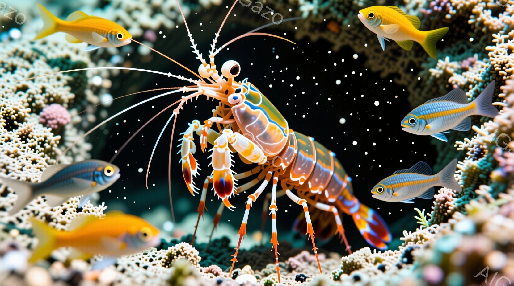 深い青色の海中に、鮮やかなオレンジ色と白の縞模様を持つ大きなエビが中央に配置されています。周りには、黄色や青色の小さな魚たちが泳ぎ、背景には白とピンクのサンゴ礁が広がり、海中を漂う微粒子が幻想的な雰囲 - AI生成フリー素材