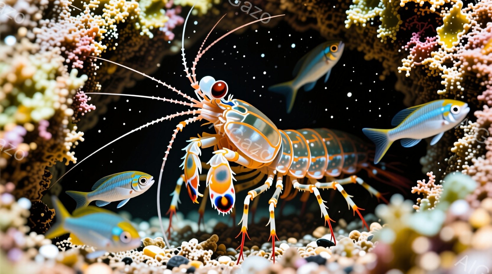 鮮やかな色彩のテッポウエビが、暗い背景の中で存在感を放っている。エビは透明感のある体と鮮やかなオレンジ、青、白の模様を持ち、長い触覚を伸ばして周囲を探索しているようだ。背景には珊瑚礁と小さな魚たちが群 - AI生成フリー素材
