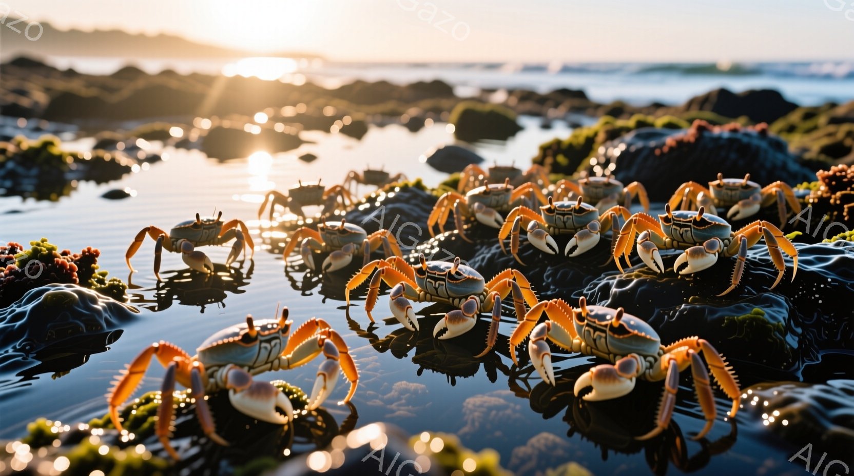 岩場に無数のカニが集まっており、オレンジ色の脚を広げ、まるで小さな軍隊のようです。背景には穏やかな海と、夕日の光が差し込む空が広がっており、暖かく幻想的な雰囲気を醸し出しています。水面には光の反射が輝き、全体的に自然の美しさを強調した一枚です。