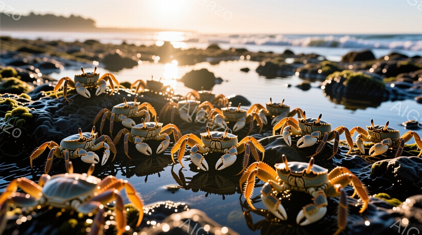 浅瀬に多数の蟹が密集しており、オレンジ色の甲羅と白い爪が特徴的です。蟹たちは岩場に陣取り、太陽光を反射した水面がキラキラと輝いています。背景には穏やかな海と、夕焼けのような暖かな光が広がり、静かで美しい雰囲気を醸し出しています。