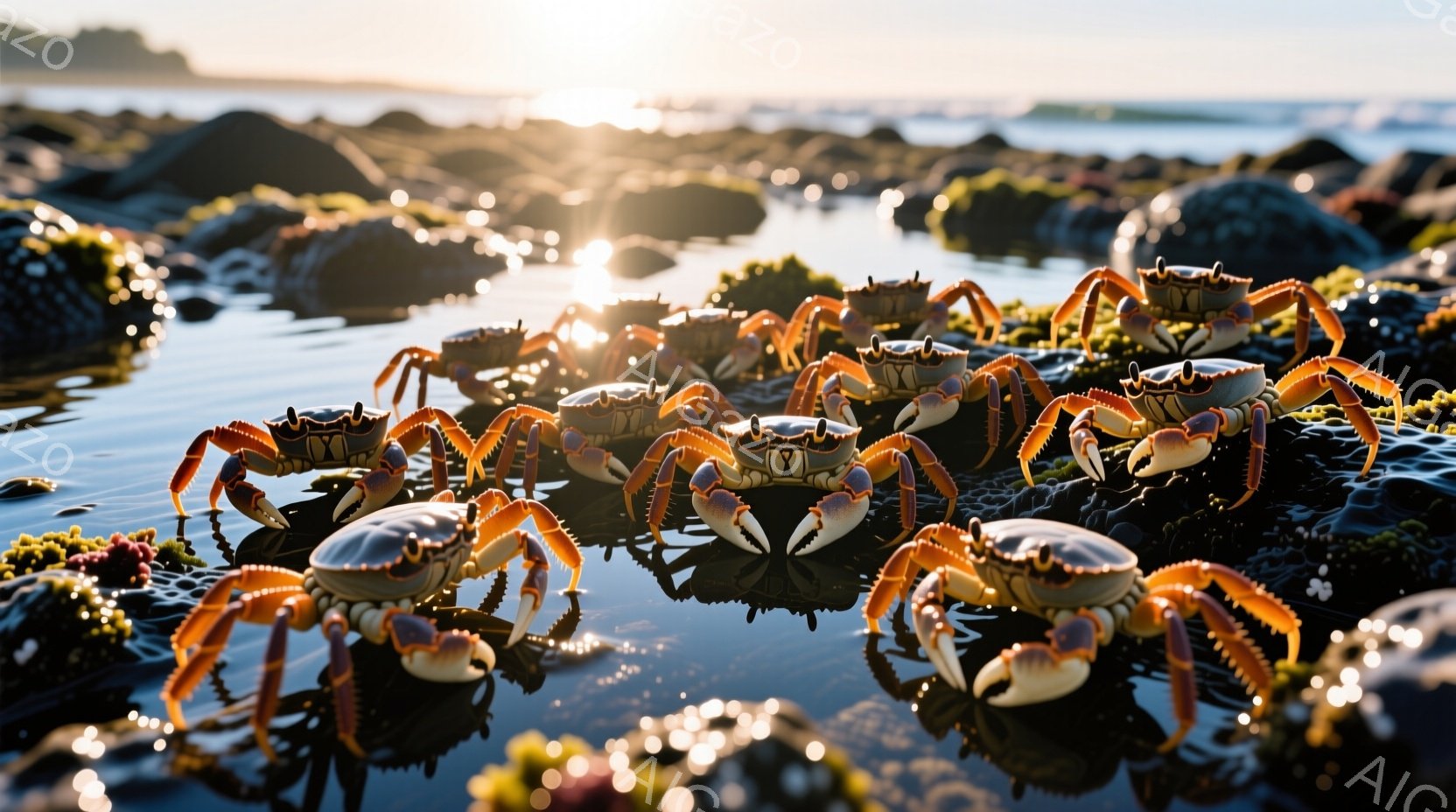 鮮やかなオレンジ色の足を持つカニが、岩場に密集して写っている。水面には太陽光が反射し、きらきらと輝き、カニの鮮やかな色がさらに際立っている。背景には海と海岸線が見え、穏やかな晴天のもと、カニたちが生き生きと活動する様子が伝わってくる。
