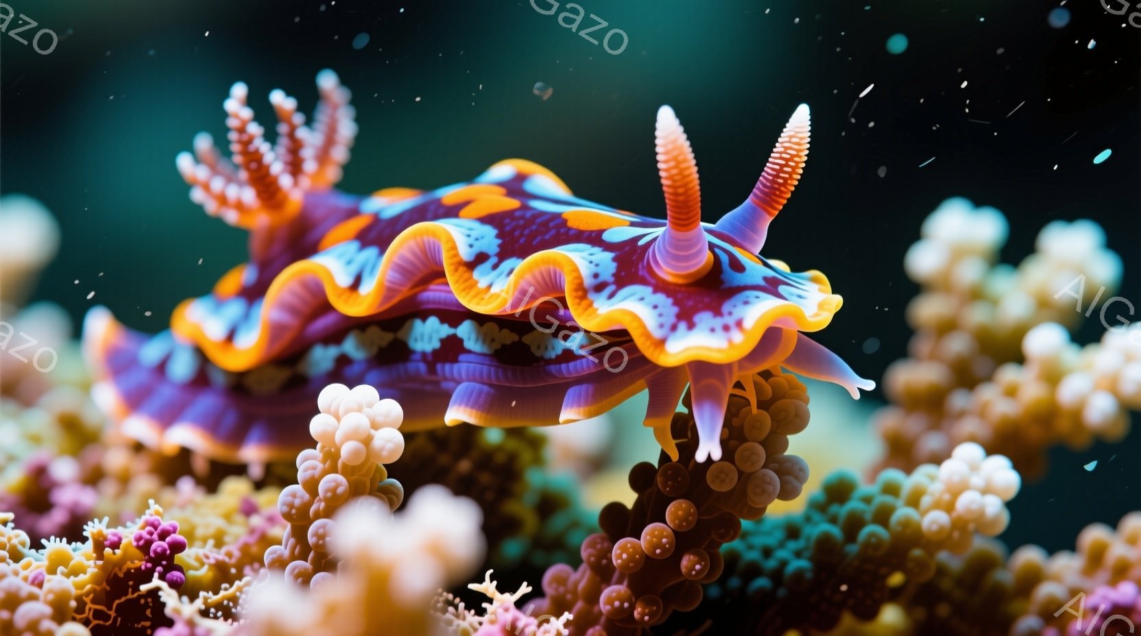 深い紫色とオレンジ色の縞模様を持つウミウシが、ピンク色の珊瑚礁の中にいます。ウミウシは触角のような突起を頭上に持ち、珊瑚の間に体を滑らせているかのようなポーズをとっています。背景はぼやけており、鮮やかな珊瑚礁が密集している様子がわかります。