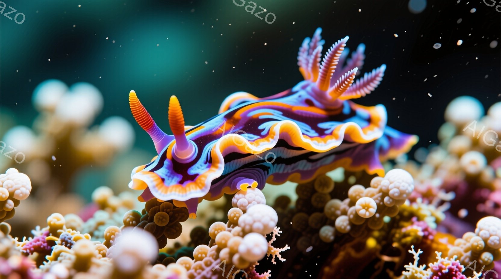 深海を思わせる紫とオレンジの美しいウミウシが、珊瑚礁の中に存在感を放っている。ウミウシの背中には繊細なオレンジ色の羽のような突起があり、その鮮やかな色彩と独特の形状が印象的である。周囲には白やピンクの小さな珊瑚が密集しており、ウミウシの美しさをさらに引き立て、幻想的な深海の世界を想起させる。