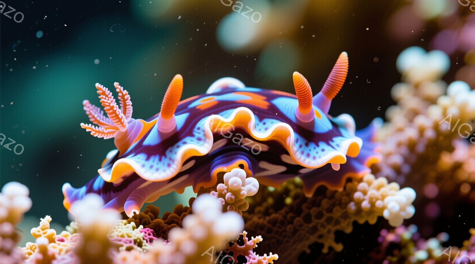 鮮やかな色彩のウミウシが、ピンク色のサンゴ礁の中にいます。紫とオレンジの波打つ模様の体が特徴的で、頭には2本のオレンジ色の触覚のようなものが伸びています。背景はぼやけたブルーグリーンで、サンゴ礁の白い突起がアクセントとなり、神秘的な海洋の雰囲気を醸し出しています。