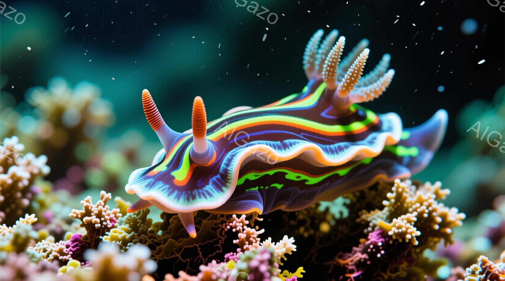 美しい色彩のウミウシがサンゴ礁の上を這っている様子が捉えられています。鮮やかな紫、オレンジ、緑色が特徴的で、まるで生きている宝石のようです。背景にはピンク色のサンゴが広がり、深海の世界の神秘的な雰囲気を醸し出しています。