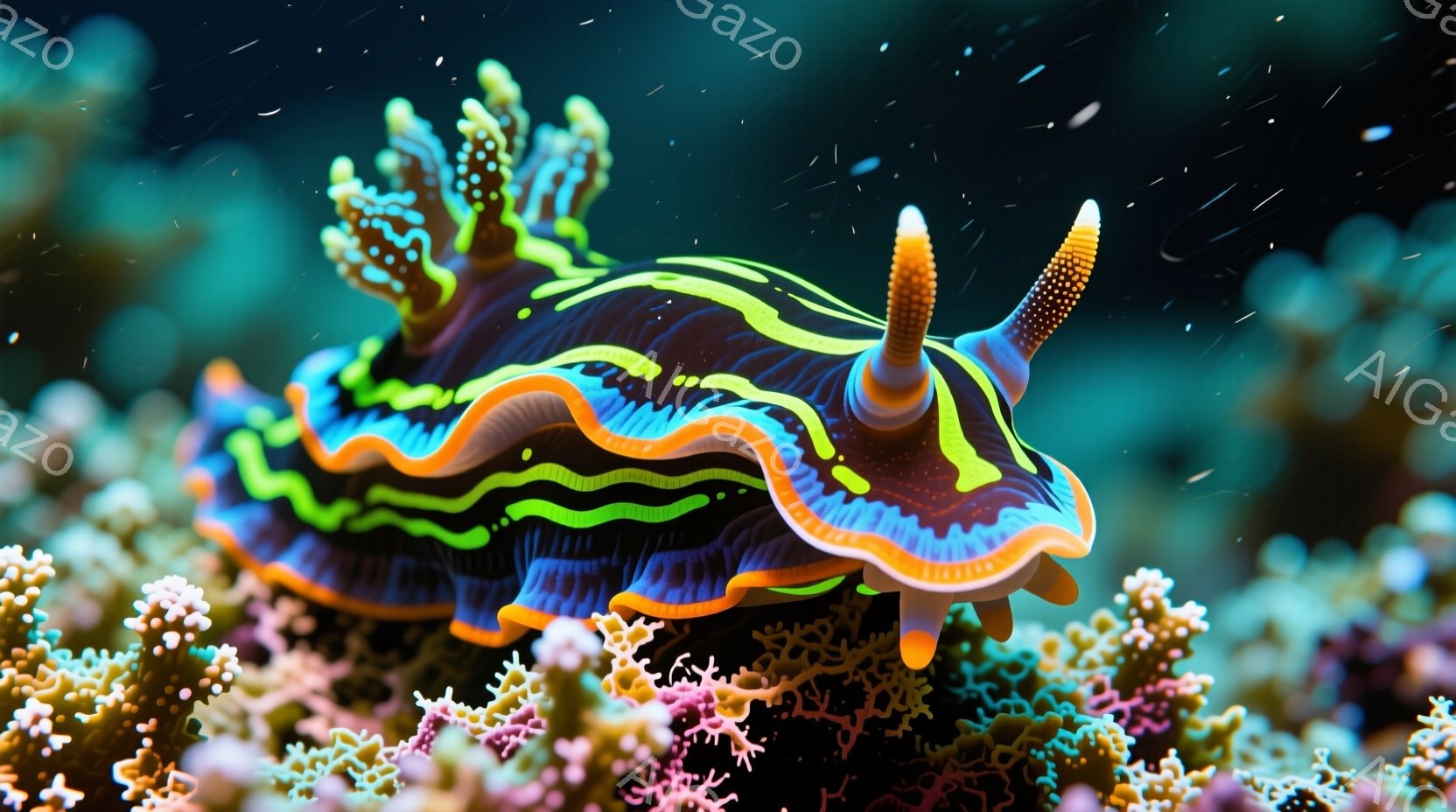 鮮やかな色彩を持つヒトデのような海中生物が、ピンク色のサンゴ礁の上に佇んでいます。体は濃い青色とオレンジ色の帯模様で覆われ、背中には蛍光色の突起が並び、まるで小さな王冠のようです。背景にはぼやけたサン - AI生成フリー素材