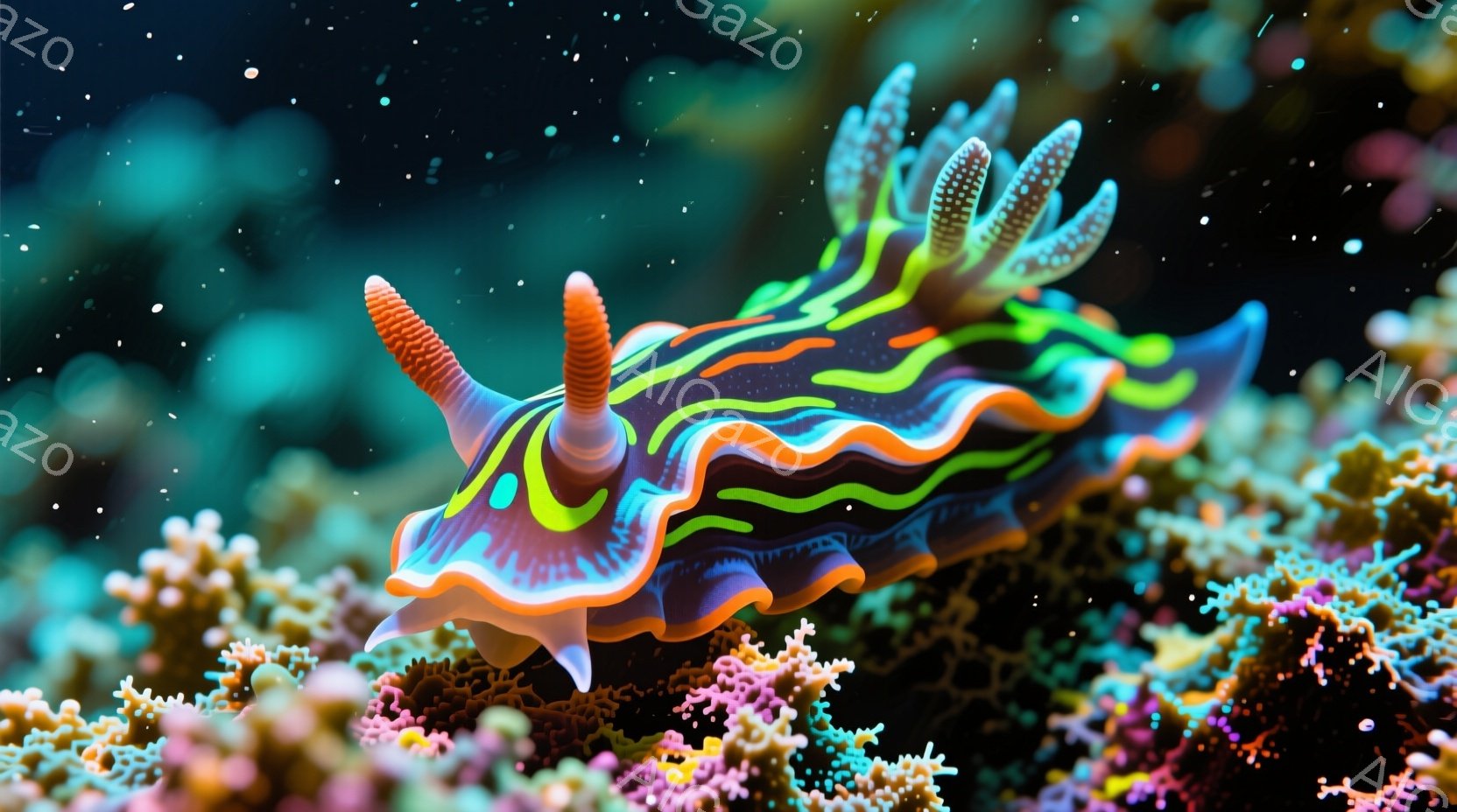 鮮やかな色彩のウミウシが、珊瑚礁の中で優雅に泳いでいる。オレンジ色の触覚と、紫、青、黄色の縞模様が特徴的で、まるで宝石のような輝きを放っている。背景には、カラフルな珊瑚が密集し、幻想的な水中世界が広がっている。