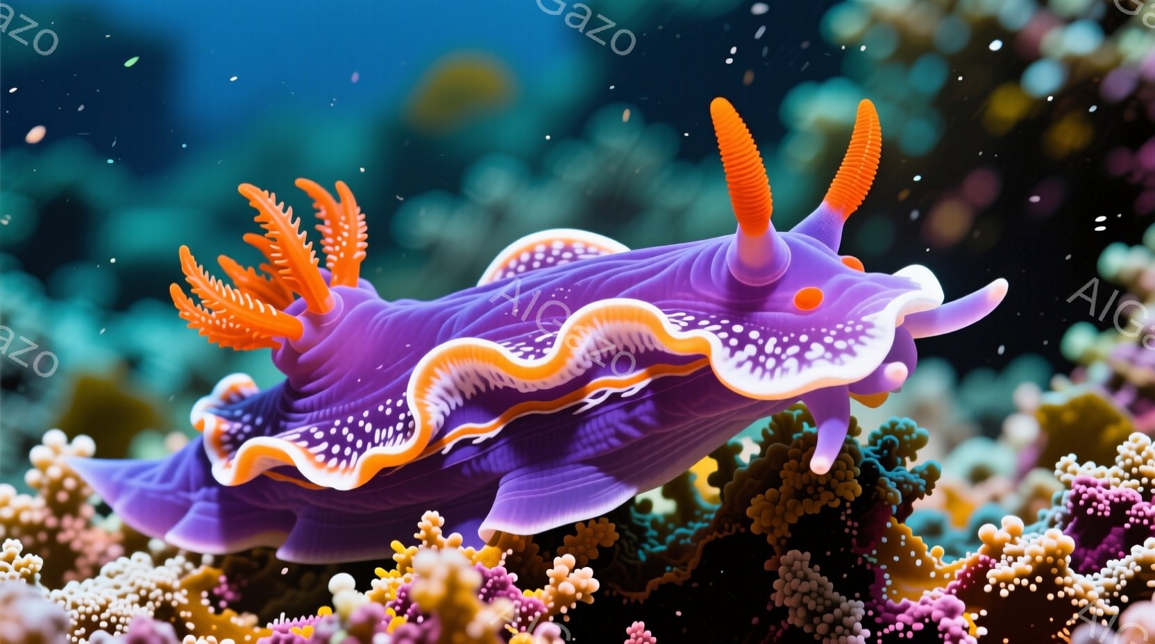 深い紫色とオレンジ色の美しいウミウシが、珊瑚礁の中に悠々と泳いでいる様子が捉えられています。ウミウシの体には細かい白い斑点が散りばめられ、フリル状の縁取りが特徴的です。背景には鮮やかなピンクや黄色の珊瑚が密集し、水中の神秘的な雰囲気を醸し出しています。