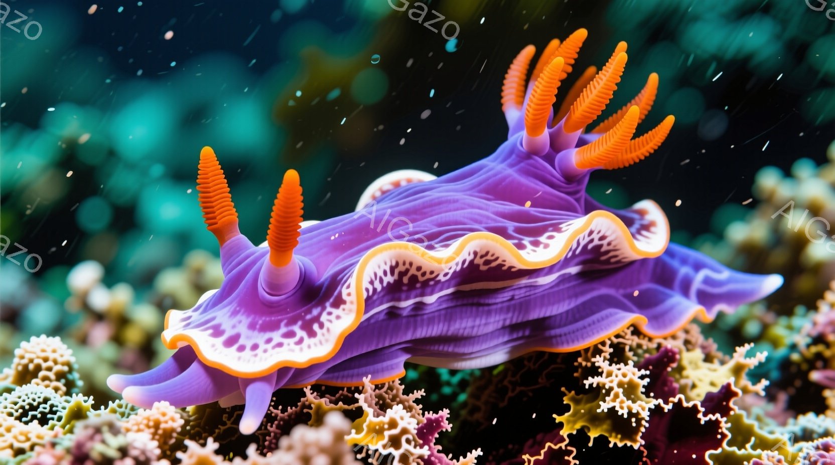鮮やかな紫色をしたウミウシが、珊瑚礁の上をゆっくりと移動している。フリル状の体縁は白とオレンジの美しいグラデーションで縁取られ、頭部にはオレンジ色の触覚が特徴的だ。背景には、様々な色の珊瑚や海藻が密集し、光が差し込むことで幻想的な水中世界が広がっている。