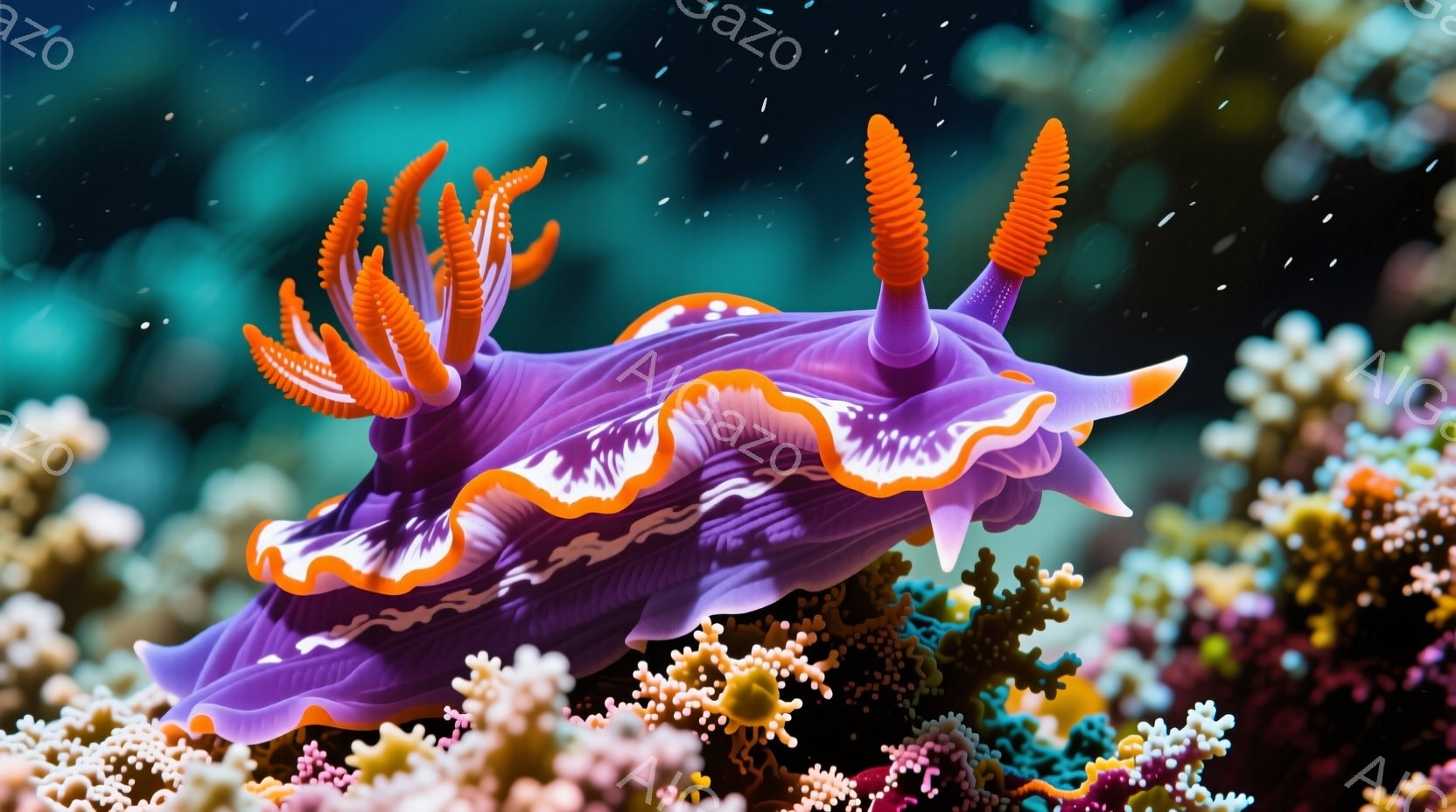 鮮やかな紫色をしたウミウシが、繊細なフリル状の縁取りとオレンジ色の羽のような突起を持って、珊瑚礁の間を優雅に泳いでいる。周囲には、ピンクや白の小さな珊瑚が密集しており、水中のきらめく光が幻想的な雰囲気を醸し出している。この生物の鮮やかな色彩と、周囲の珊瑚とのコントラストが、水中の生命の美しさを際立たせている。