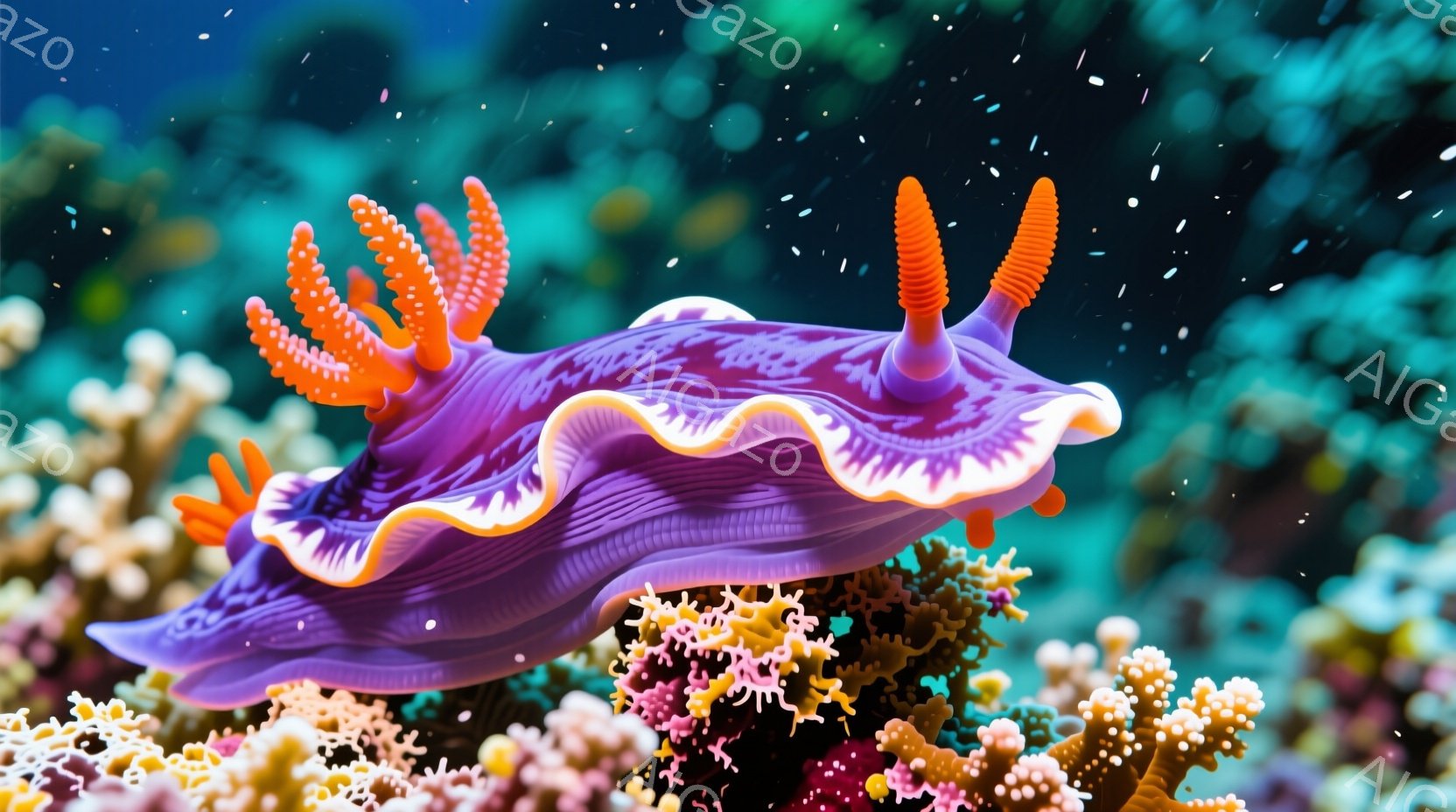 鮮やかな紫色と白の縞模様を持つウミウシが、サンゴ礁の上に優雅に佇んでいます。オレンジ色の繊細な触手が特徴的で、まるで花びらのように広がっています。背景には、さまざまな色のサンゴが密集し、穏やかな海中世界の雰囲気を醸し出しています。
