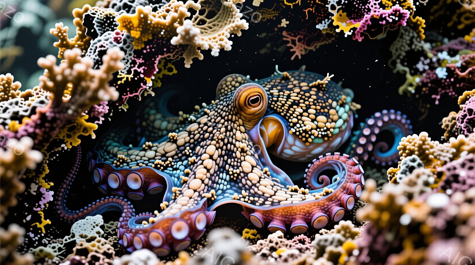 鮮やかな色彩のタコが、珊瑚礁の中に潜んでいる様子が捉えられています。タコの体には、ピンク、紫、青、茶色などの様々な色が混ざり合い、まるで万華鏡のような模様を作り出しています。背景には、複雑な形状の珊瑚が密集し、幻想的で神秘的な雰囲気を醸し出しています。