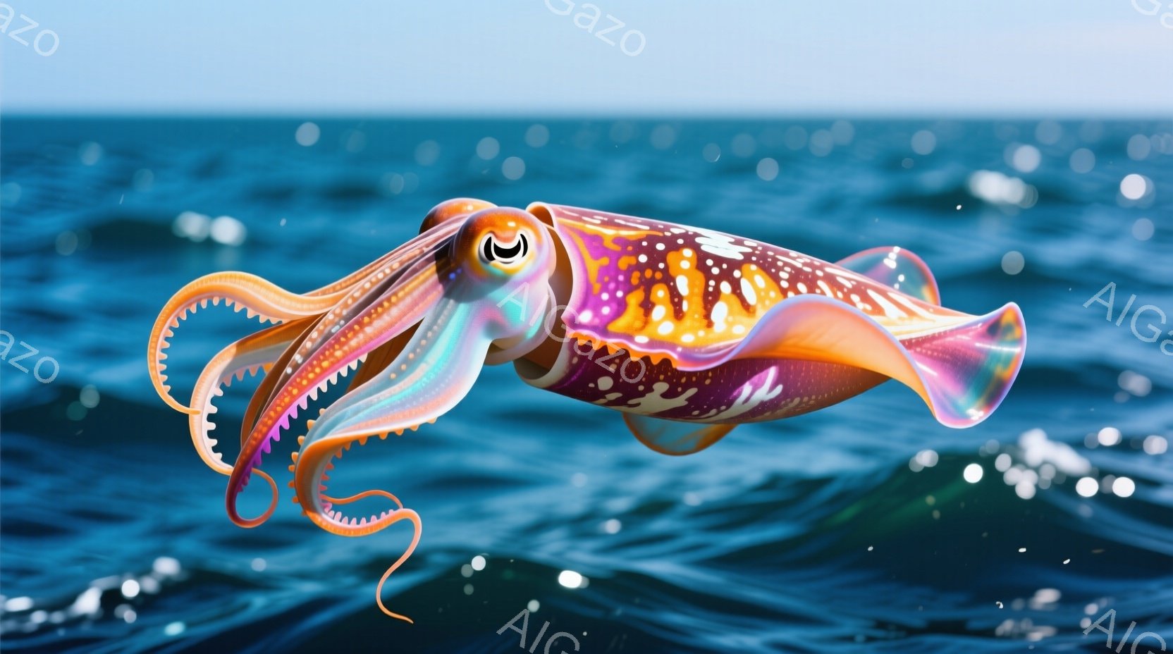 鮮やかな色彩を持つ巨大なイカが、青い海の表面を泳いでいる様子が描かれている。イカの体は、紫、ピンク、オレンジ、白の複雑な模様で彩られ、半透明のヒレが光を透過している。波が穏やかにうねり、水中に気泡が浮かび、生き生きとした海洋の雰囲気を醸し出している。