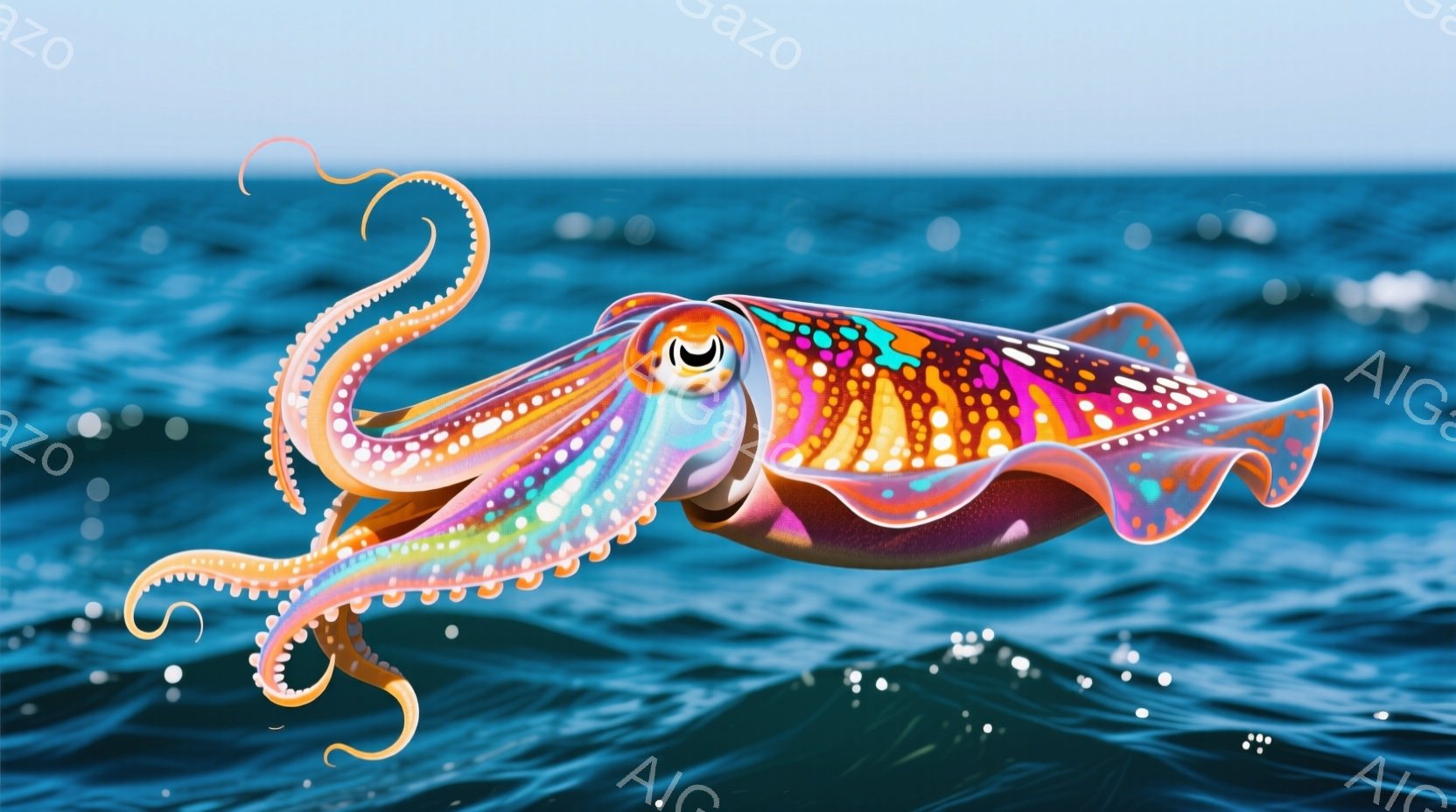 水中に浮かぶ多色のオクトパス、海の辺の青空を背景に、その美麗な色彩と模様が目立つ。オクトパスは頭を高く持ち上げ、水中で平らかに渦を描くように泳いでいる様子が表現されている。