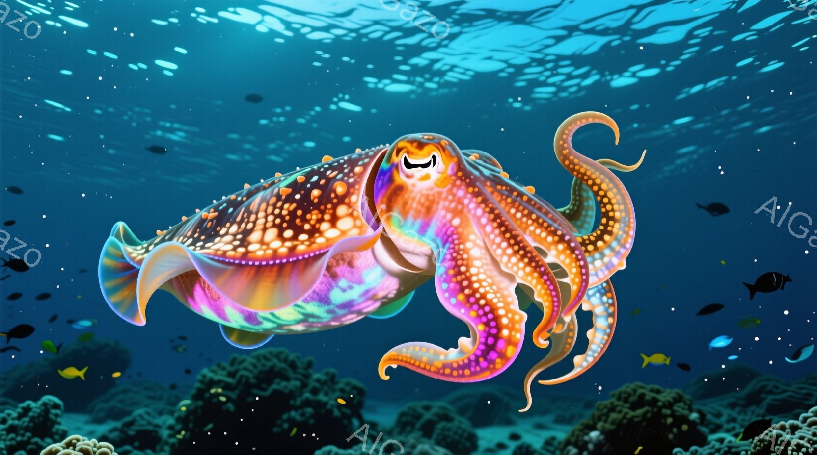 鮮やかな色彩のオオイカが、暗い青色の海中を漂っている。体は虹色に輝き、金色の斑点が散りばめられ、まるで生きている宝石のようだ。背景には暗い珊瑚礁や小さな魚たちが点在し、神秘的で幻想的な雰囲気を醸し出し - AI生成フリー素材