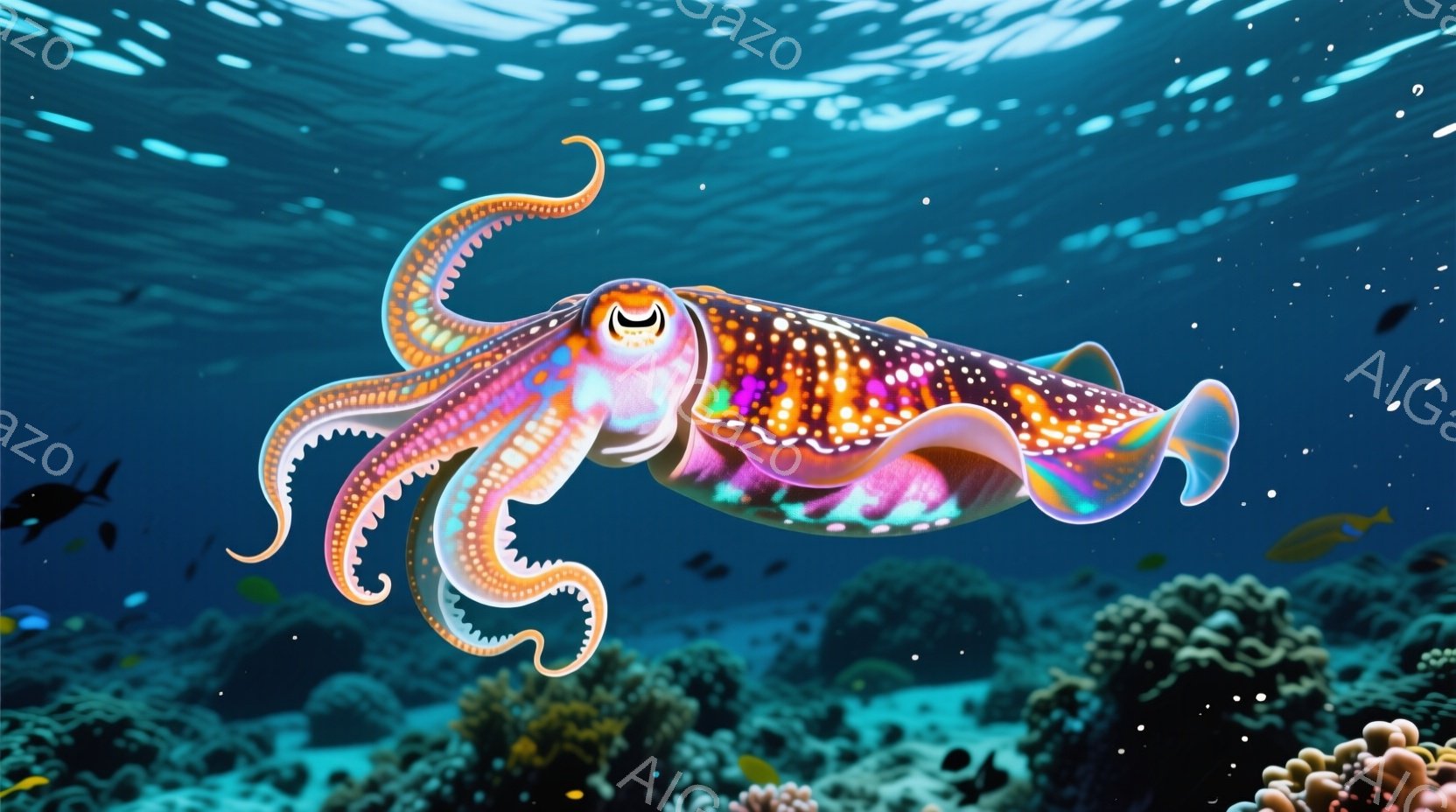 鮮やかな色彩のイカが、深い青色の海中を優雅に泳いでいる。その体には、ピンク、紫、オレンジ、白の複雑な模様が広がっており、まるで宝石のようである。背景には、サンゴ礁や小さな魚が点在し、穏やかで幻想的な雰囲気を醸し出している。