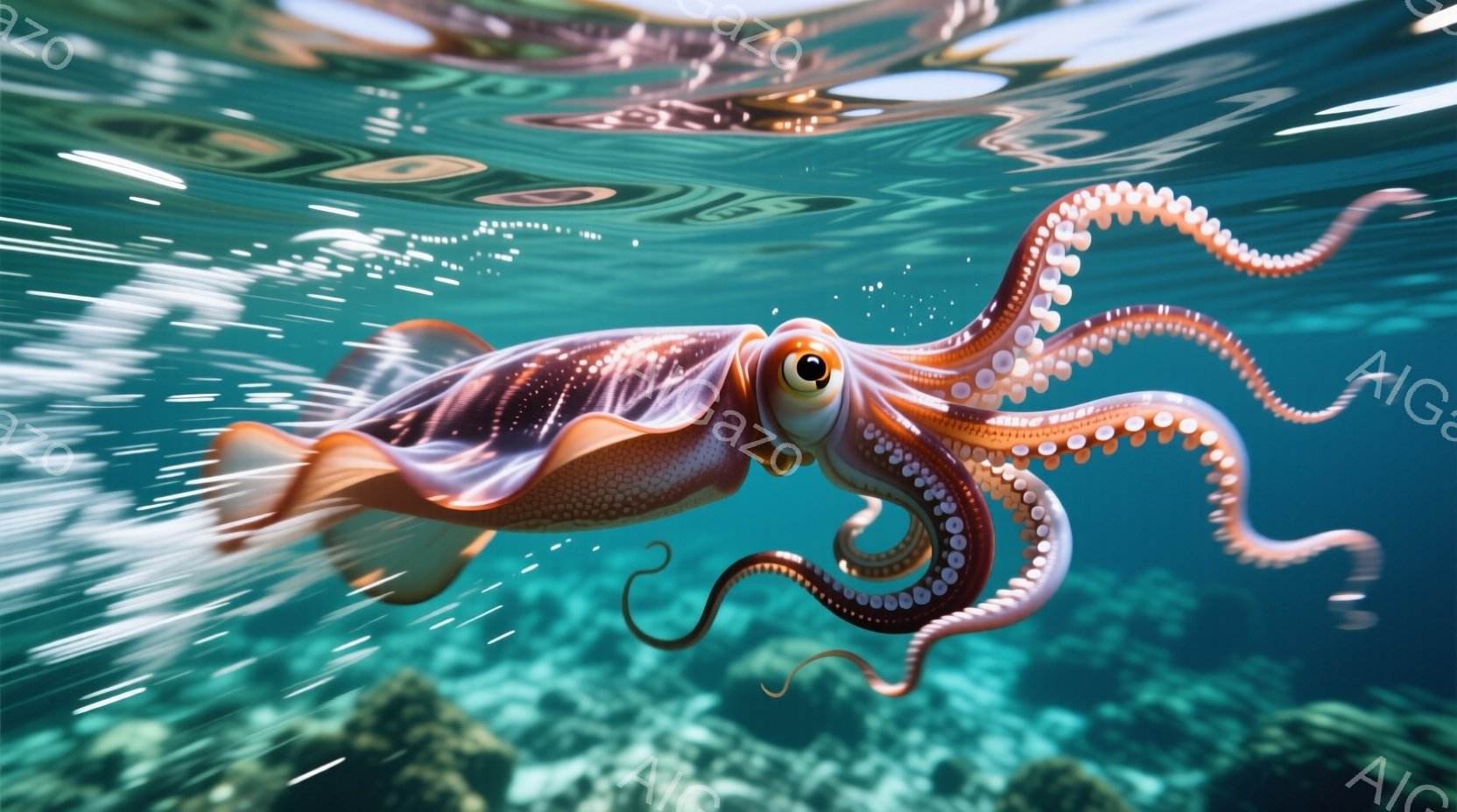 鮮やかなターコイズブルーの水中に、オレンジとピンクが混ざった体色のイカが泳いでいる。イカは口を開け、吸盤のついた長い触手を広げ、活発に動き回っているように見える。背景はぼやけており、水中の光の反射と、わずかに見えるサンゴ礁が確認できる。