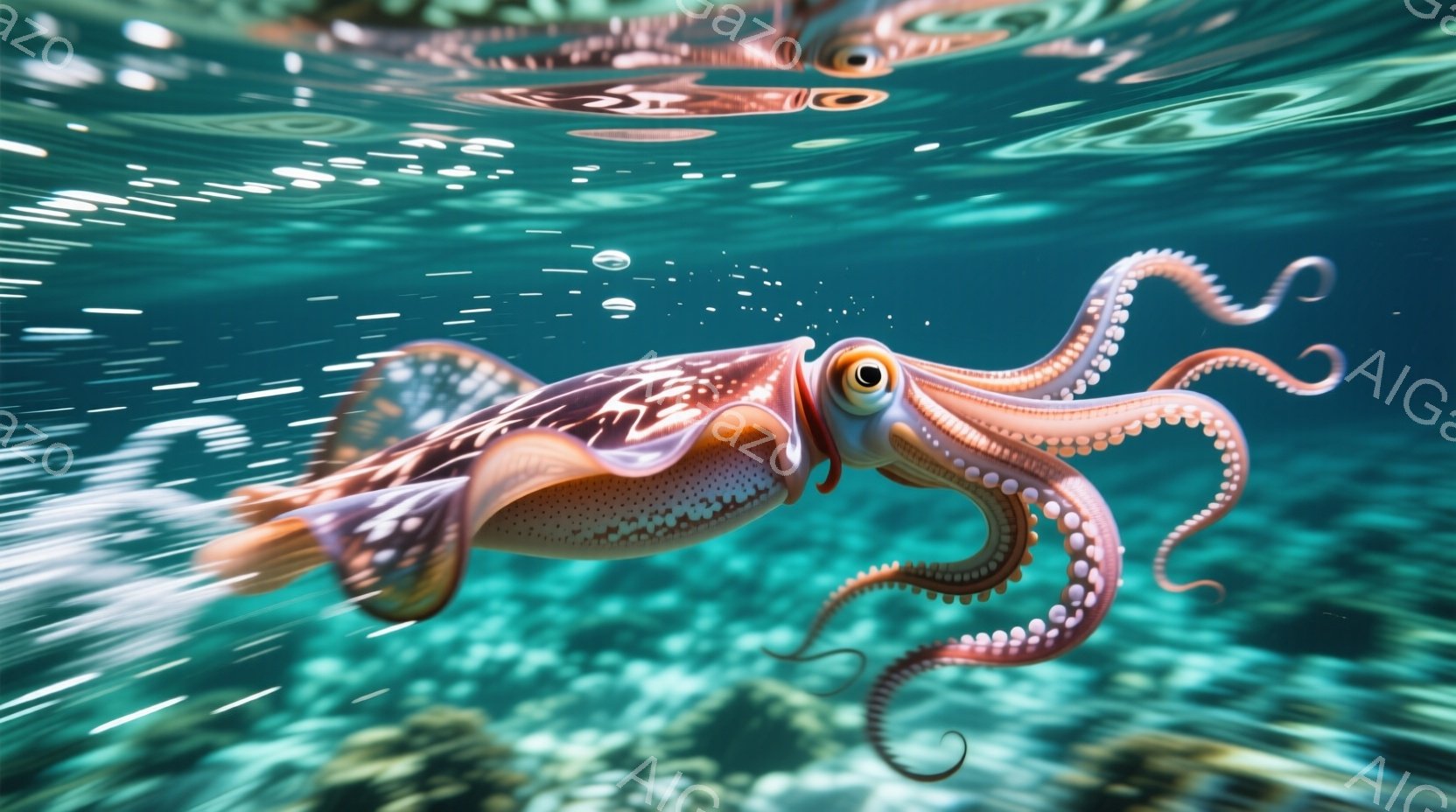 鮮やかなピンクと白の模様を持つアオリイカが、青い海中を力強く泳いでいる姿が捉えられています。イカの目は大きく、集中した表情をしており、触腕は優雅に広がり、まるでダンスをしているかのようです。背景にはぼ - AI生成フリー素材