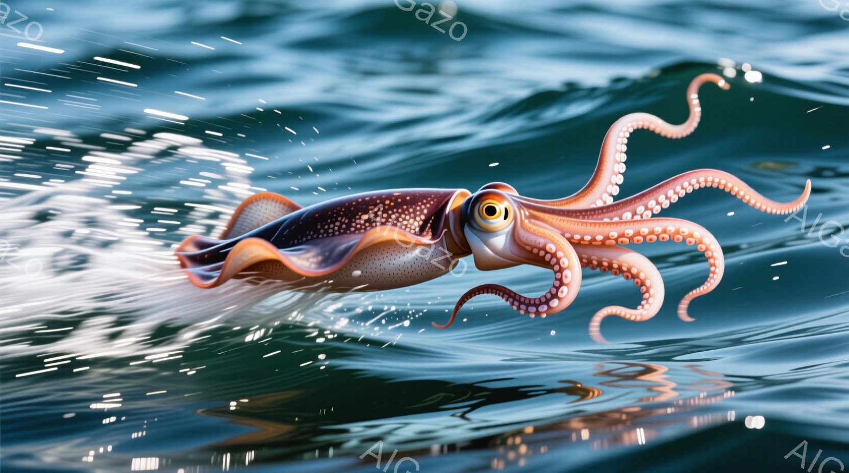 鮮やかなオレンジとピンクのイカが、水面から飛び出している様子が捉えられています。イカは触手を広げ、まるで空を舞っているかのようにダイナミックなポーズをとっています。背景は青く、水しぶきが光を反射しており、躍動感あふれる瞬間を強調しています。